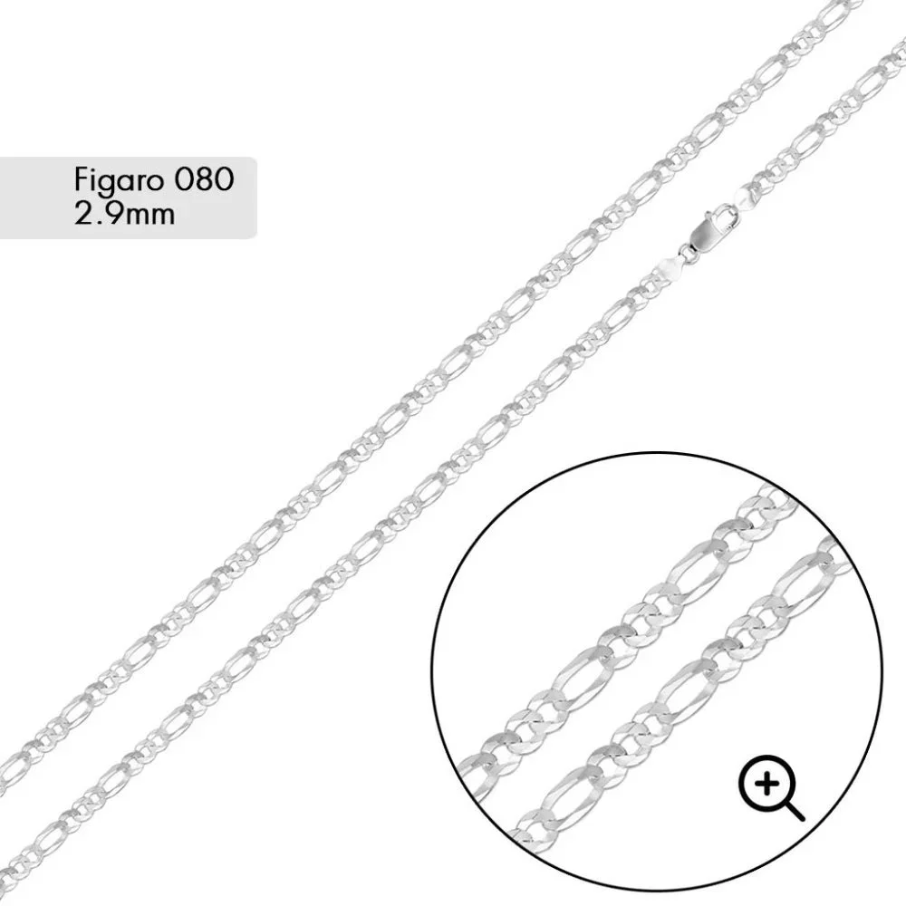 Sterling Silver 925 High Polished Figaro Chain 2.9 mm 22 inches